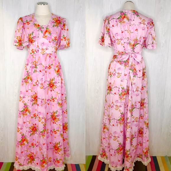 Vintage Dresses & Skirts - [Vintage] Pink Floral 70’s Maxi Dress Sz. M